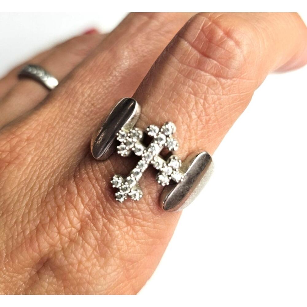 SJD Sterling Silver & Cubic Zirconia Cross Statement Ring Size 9.5